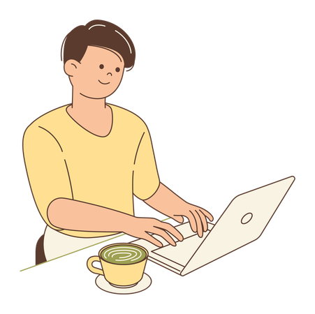Un homme travaillant sur un ordinateur portable avec un Matcha Latte  Illustration