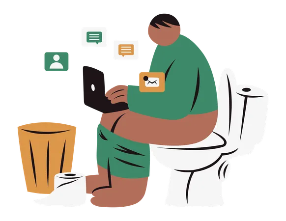 Un homme travaille sur un ordinateur portable alors qu'il est assis sur les toilettes  Illustration