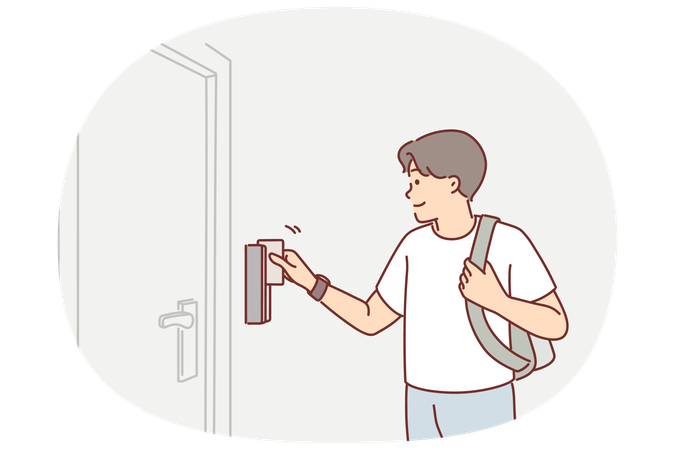 Un homme utilise une carte-clé pour ouvrir la porte d'une chambre d'hôtel ou d'une auberge lors d'un voyage touristique ou d'un voyage d'affaires  Illustration