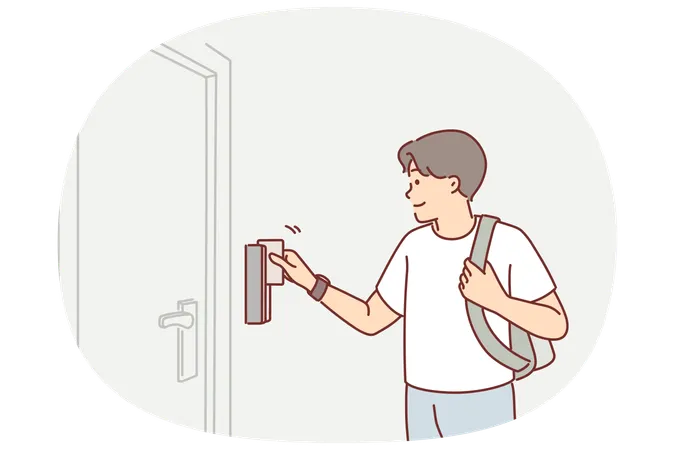 Un homme utilise une carte-clé pour ouvrir la porte d'une chambre d'hôtel ou d'une auberge lors d'un voyage touristique ou d'un voyage d'affaires  Illustration