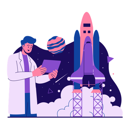 Un ingénieur aérospatial se prépare au vol d'une fusée  Illustration