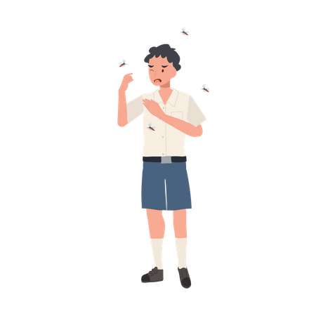 Un jeune étudiant thaïlandais en uniforme est à l'extérieur et entouré de moustiques empêchant la propagation du virus Zika.  Illustration