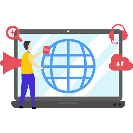 Un jeune garçon a une connexion mondiale  Illustration