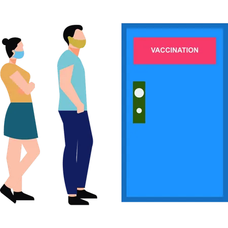 Un jeune garçon et une jeune fille se tiennent devant le bureau de vaccination  Illustration