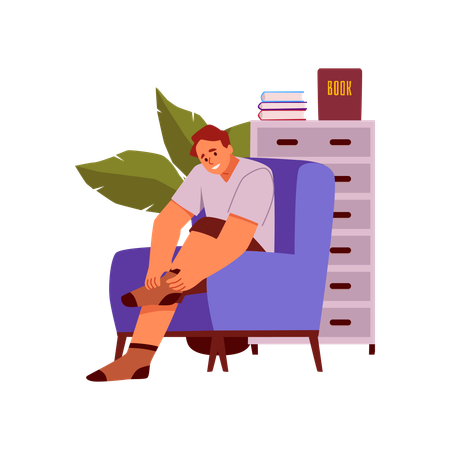 Un jeune garçon souriant assis sur une chaise bleue et enfile des chaussettes  Illustration