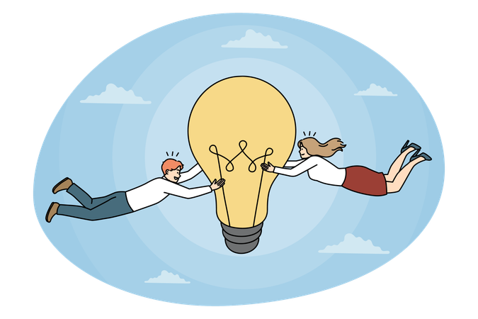 Un jeune homme et une jeune femme ayant une excellente idée innovante en quête de succès en affaires  Illustration