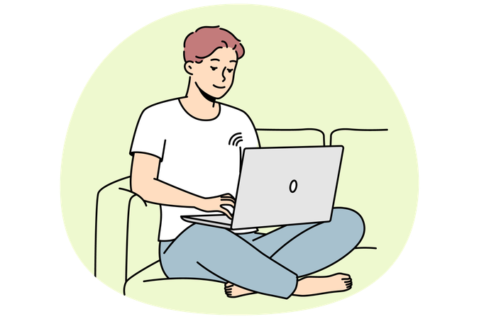 Un jeune homme heureux se détend sur un canapé et navigue sur Internet sur un ordinateur portable Illustration