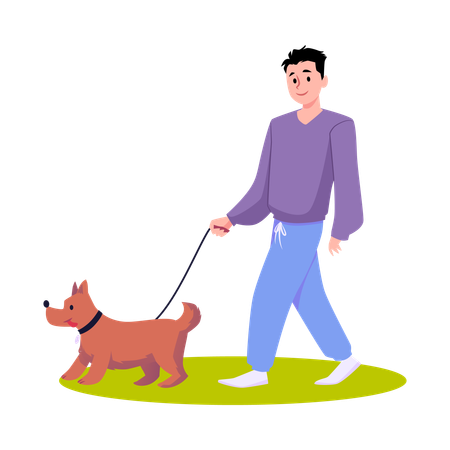 Un jeune homme marche avec un chien en laisse, un chien domestique brun et duveteux  Illustration