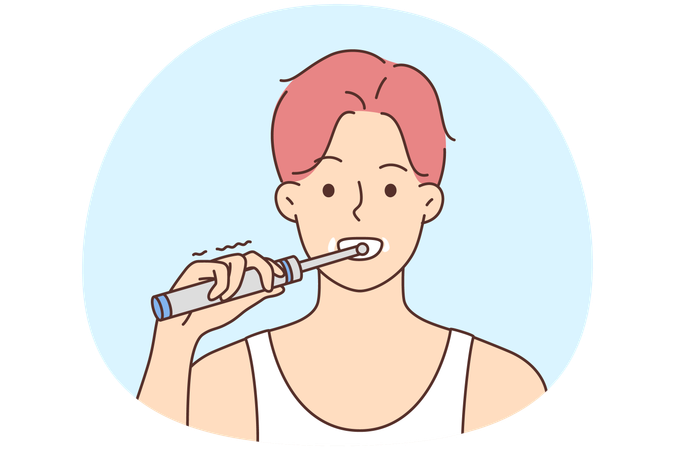 Un jeune homme se brosse les dents avec une brosse à dents électrique  Illustration