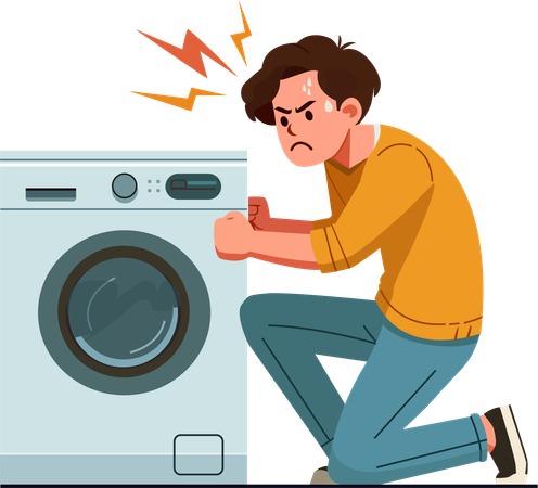 Un jeune homme se met en colère contre une machine à laver qui ne fonctionne pas  Illustration