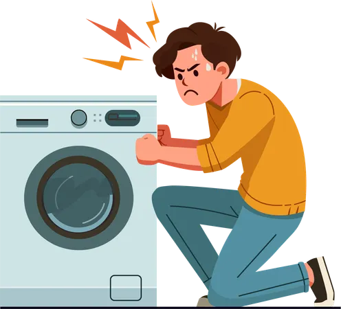 Un jeune homme se met en colère contre une machine à laver qui ne fonctionne pas  Illustration
