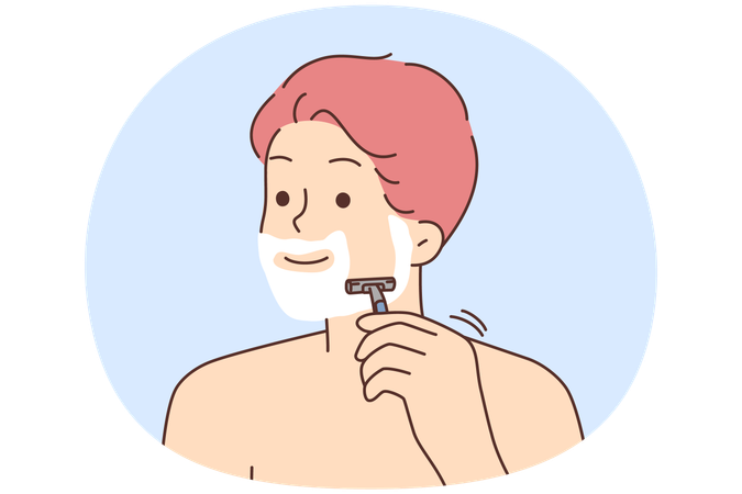 Un jeune homme souriant se rasant avec un rasoir dans la salle de bain  Illustration
