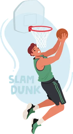 Un joueur de basket-ball s'envole dans les airs en serrant fermement le ballon  Illustration