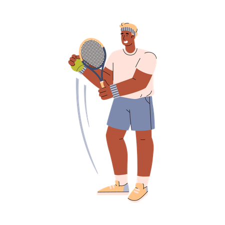 Un joueur de tennis à la peau foncée tient le ballon dans sa main et veut le lancer avec une raquette  Illustration