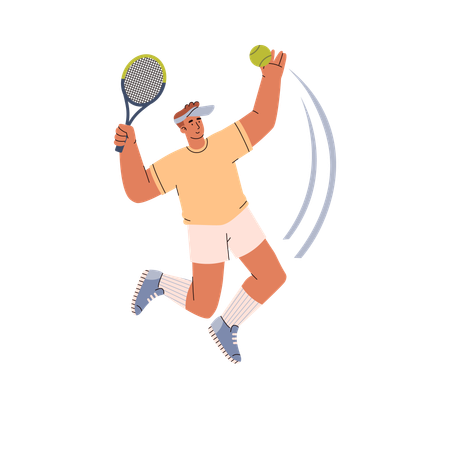 Un joueur de tennis qui saute frappe la balle avec une raquette  Illustration