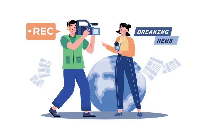 Un journaliste vidéo couvre les dernières nouvelles avec sa caméra  Illustration