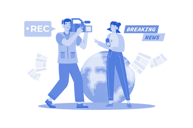 Un journaliste vidéo couvre les dernières nouvelles avec sa caméra  Illustration