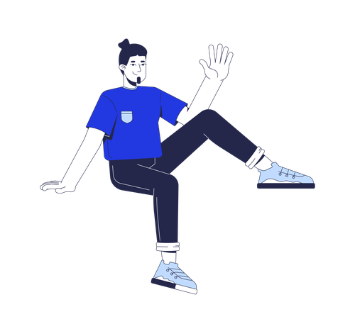 Un joven adulto alegre sentado casualmente y saludando.  Ilustración