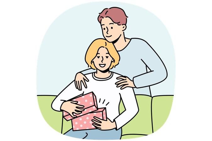 Un joven amoroso hace un regalo de cumpleaños a una mujer emocionada en casa.  Ilustración