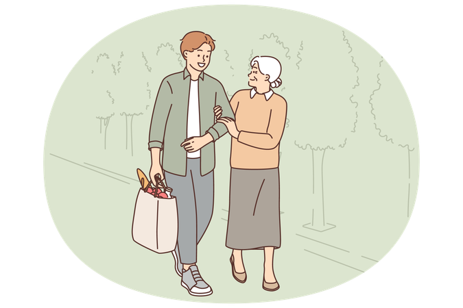 Un joven ayuda a una anciana a llevar una bolsa pesada del supermercado.  Ilustración
