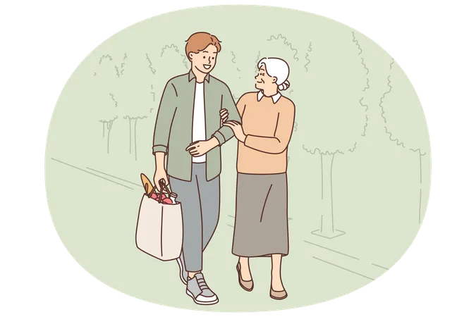 Un joven ayuda a una anciana a llevar una bolsa pesada del supermercado.  Ilustración