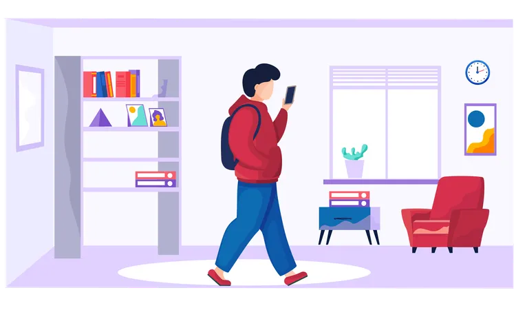 Un joven con un teléfono camina en una habitación.  Ilustración