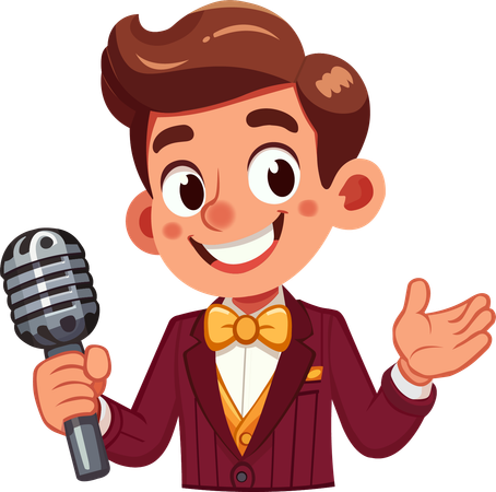Un joven con traje brillante sostiene un micrófono y canta.  Ilustración