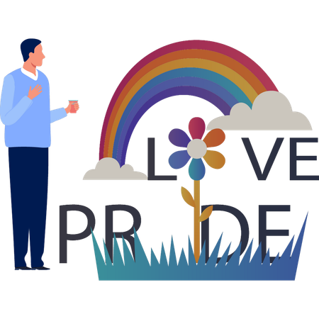 Un joven disfruta de una bebida y ve el arcoíris del orgullo amoroso  Illustration