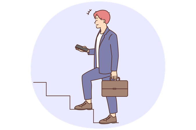 Un joven empresario motivado sube las escaleras para alcanzar el éxito profesional  Ilustración