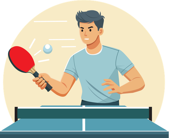 Un joven golpea una pelota de ping pong para iniciar un juego.  Ilustración