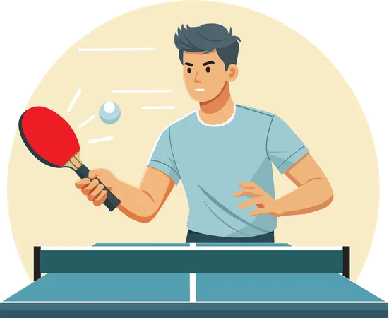 Un joven golpea una pelota de ping pong para iniciar un juego.  Ilustración
