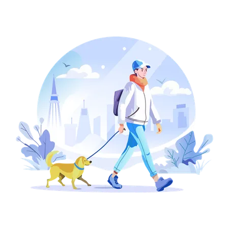 Un joven paseando a su mascota en invierno  Ilustración