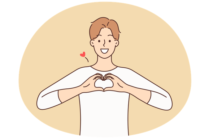 Un joven sonriente muestra un gesto con la mano en forma de corazón para compartir atención y apoyo.  Ilustración