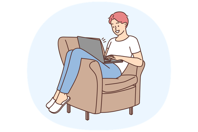 Un joven sonriente se sienta en una silla trabajando en una computadora portátil  Ilustración