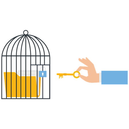 Un ladrón con una llave desbloquea un archivo de datos de una jaula  Ilustración