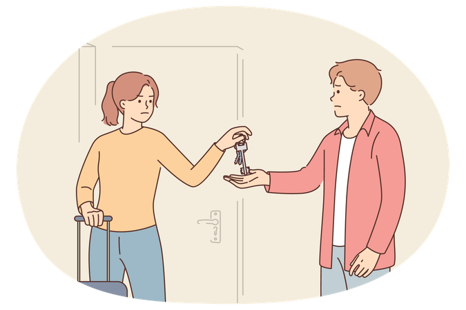 Un marido echa a su exesposa del apartamento parándose cerca de la puerta en el pasillo y tomando las llaves.  Ilustración