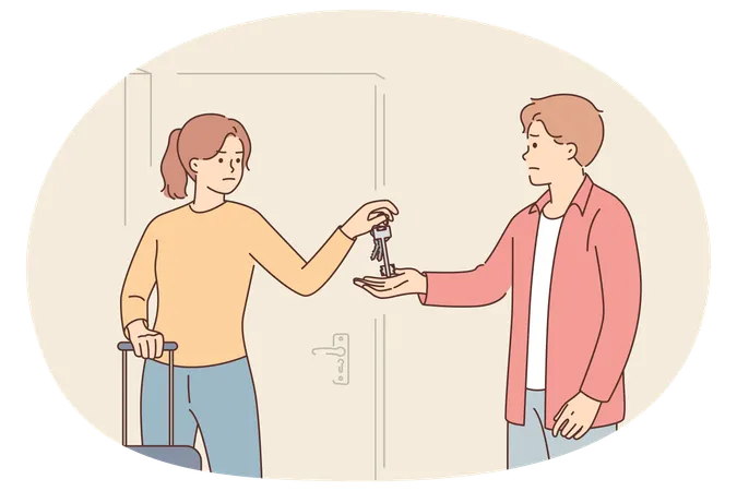 Un marido echa a su exesposa del apartamento parándose cerca de la puerta en el pasillo y tomando las llaves.  Ilustración