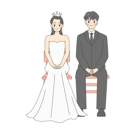 Une mariée et un marié sont assis sur un banc  Illustration