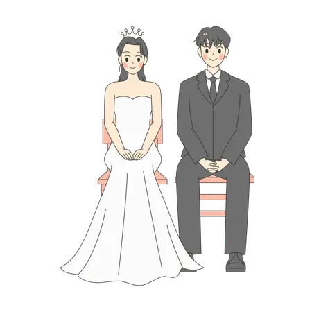 Une mariée et un marié sont assis sur un banc  Illustration