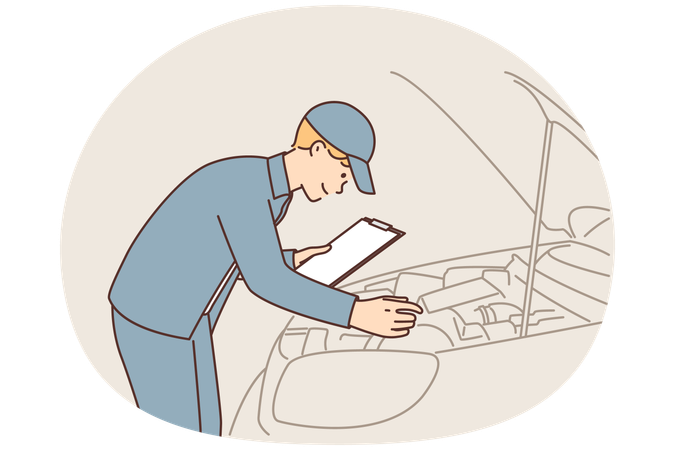 Un mécanicien automobile avec un presse-papiers effectue une inspection technique d'une voiture debout près du capot ouvert  Illustration