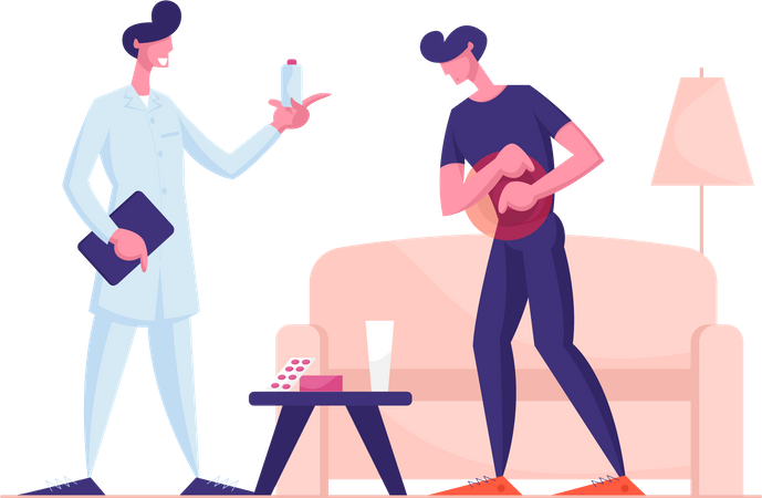 Un médecin à domicile visitant un homme malade ressent des douleurs à l'estomac  Illustration