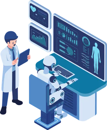 Un médecin analyse les données de santé des patients avec un robot IA  Illustration