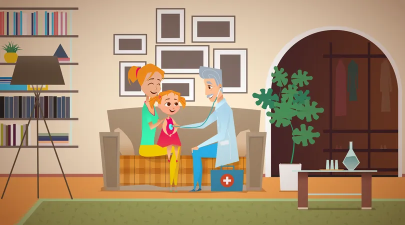 Un médecin de famille âgé aux cheveux gris écoute une fille avec un stéthoscope  Illustration