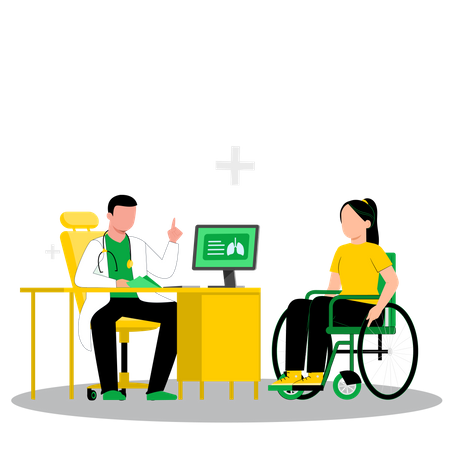 Un médecin de sexe masculin donne des conseils à un patient handicapé  Illustration