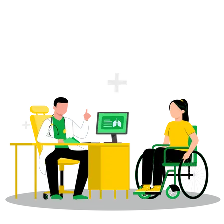 Un médecin de sexe masculin donne des conseils à un patient handicapé  Illustration