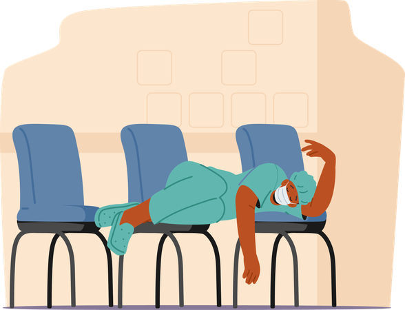 Un médecin épuisé, drapé de fatigue, cherche du réconfort sur des chaises regroupées  Illustration