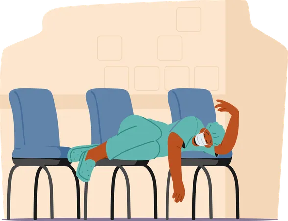 Un médecin épuisé, drapé de fatigue, cherche du réconfort sur des chaises regroupées  Illustration