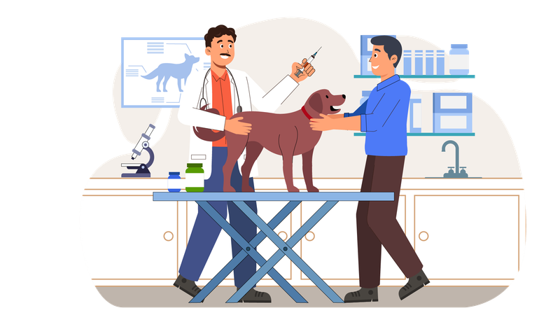 Un médecin injecte une seringue à un chien  Illustration