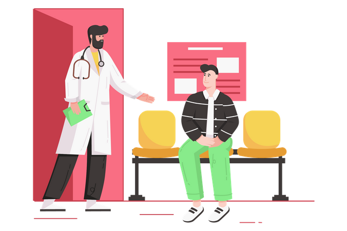 Un médecin de sexe masculin invite le patient à entrer dans son bureau pour examen et consultation  Illustration