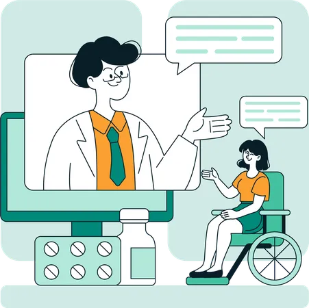 Un médecin prescrit des médicaments en ligne à une fille handicapée  Illustration